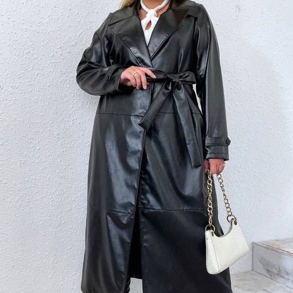 PLUS SIZE BLACK PU LEATHER COLLAR BELTED TRENCH COAT - Picture 6 of 7